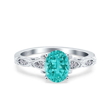 Art Deco Oval Engagement Simulated Paraiba Tourmaline CZ 925 Sterling Silver